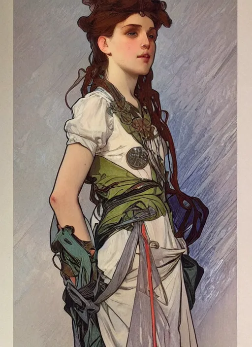 Prompt: an octanre render realistic portrait by alphonse mucha of a russian girl detailed features wearing a cargo wedding dress - sporty, sleek, tech utility - chic trend. lots of zippers, pockets, synthetic materials, jumpsuits chic'techno fashion trend by issey miyake and balenciaga