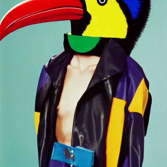 Prompt: model in plastic toucan mask wearing baggy colorful 9 0 s jacket by rick owens. magazine ad. pastel brutalist background.