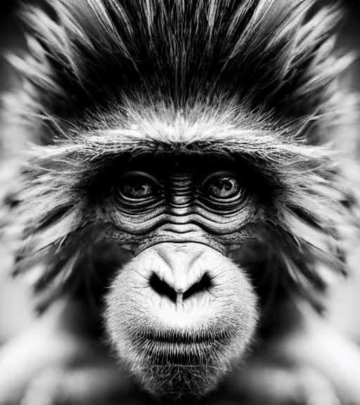 Prompt: Award winning Editorial photograph of Early-medieval Scandinavian Folk monkey with incredible hair and fierce hyper-detailed eyes by Lee Jeffries, 85mm ND 4, perfect lighting, wearing traditional garb, With huge sharp jagged Tusks and sharp horns, gelatin silver process
