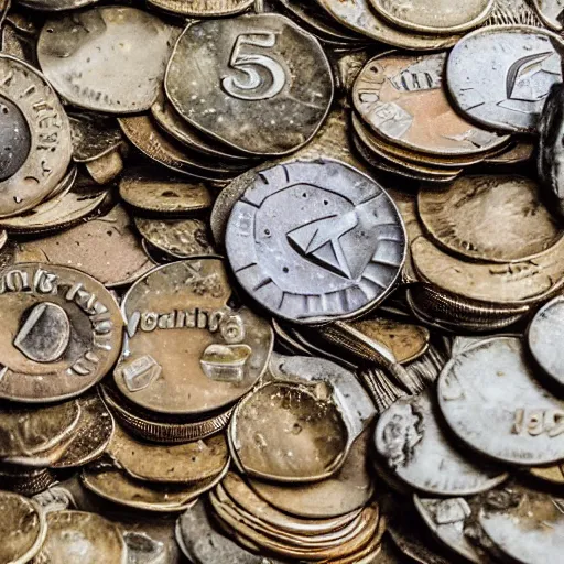 Image similar to a picture of a pile of coins underwater, it is raining, 50mm