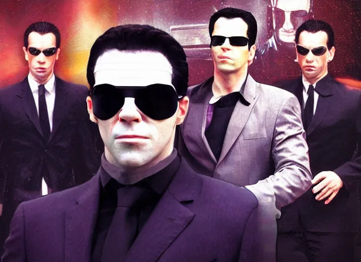 Image similar to portrait of tommy tallarico dressed as agent smith from the matrix surrounded by multiple tommy tallarico dressed as agent smith from the matrix with matrix filter