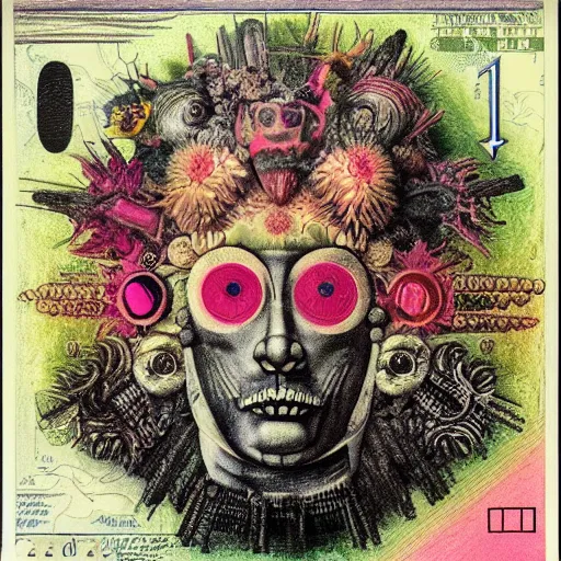 Image similar to post - punk new age album cover, asymmetrical design, frame of a dollar bank notes, capitalism, magic, apocalypse, psychedelic, black white pink, magic, giger h. r., giuseppe arcimboldo