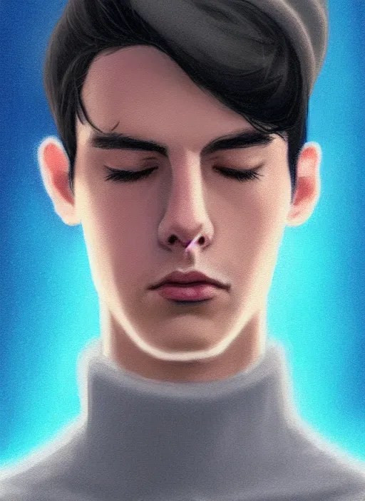 Image similar to portrait of teenage jughead jones wearing a light grey crown, crown, blue turtleneck, closed eyes, eyes closed, slight smile, black hair, intricate, elegant, glowing lights, highly detailed, digital painting, artstation, concept art, smooth, sharp focus, illustration, art by wlop, mars ravelo and greg rutkowski