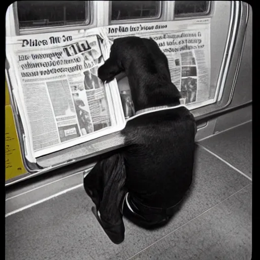 Image similar to a dog reading the newspaper on a subway train in new york, 1 9 7 0 colour photography