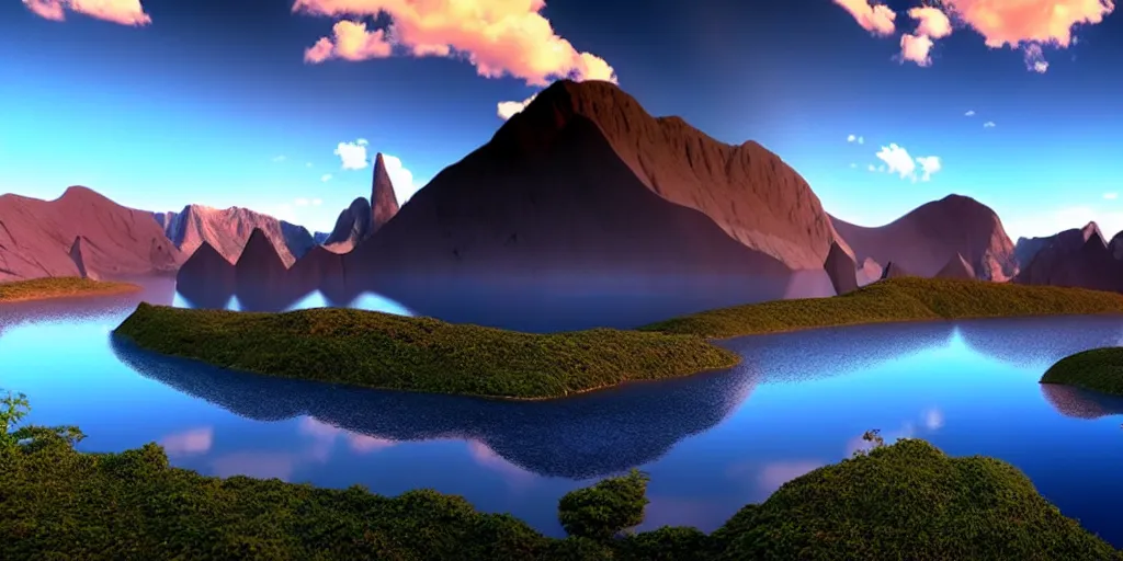 Prompt: a beautiful landscape, sun rises between two mountains, a lake in between the mountains, blue sky, cloudy, 3 d artwork by john stephans, unreal engine 5, extremely detailed, hyper realism