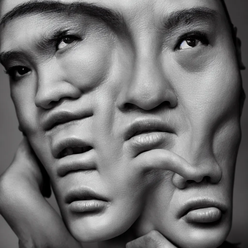 Image similar to close up portrait fashion editorial by yue minjun, highly detailed, 8 k, depth of field, very beautiful