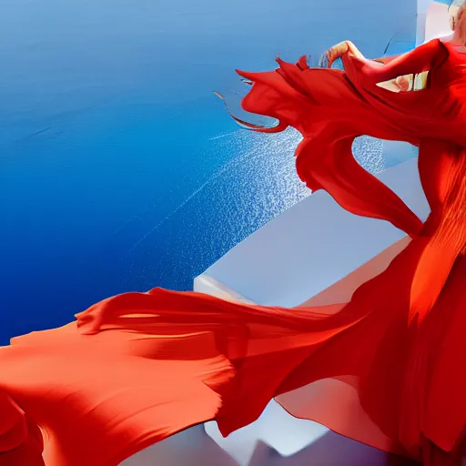 Prompt: beautiful modern dancer wearing a red and yellow and blue swirling dress, standing on a Santorini terrace looking down at the ocean, artstation, cinematic, unreal 5, DAZ, hyperrealistic, octane render, dynamic lighting