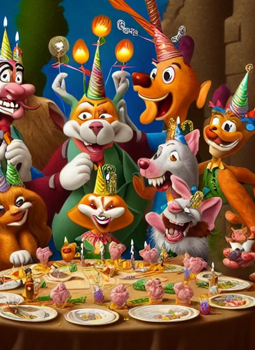 Image similar to highly detailed group closeup portrait of max fleischer cartoon animals having a birthday party banquet in a castle, unreal engine, max fleischer, nicoletta ceccoli, mark ryden, earl norem, lostfish, global illumination, god rays, detailed and intricate environment