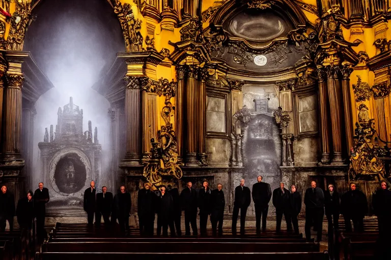 Image similar to photography of circle group of priests in front of a hell portal invoking a lovecraft creature in a baroque intricate church, photography by annie leibovitz, wide - angle portrait, atmospheric lighting, rich deep colors masterpiece, fractal crystals