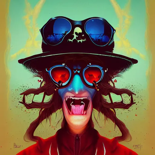 Prompt: Vampire in Fear and Loathing Wonderland, a new age fantasy portrait by Christopher Balaskas and Nekro, vivid color, Album Cover