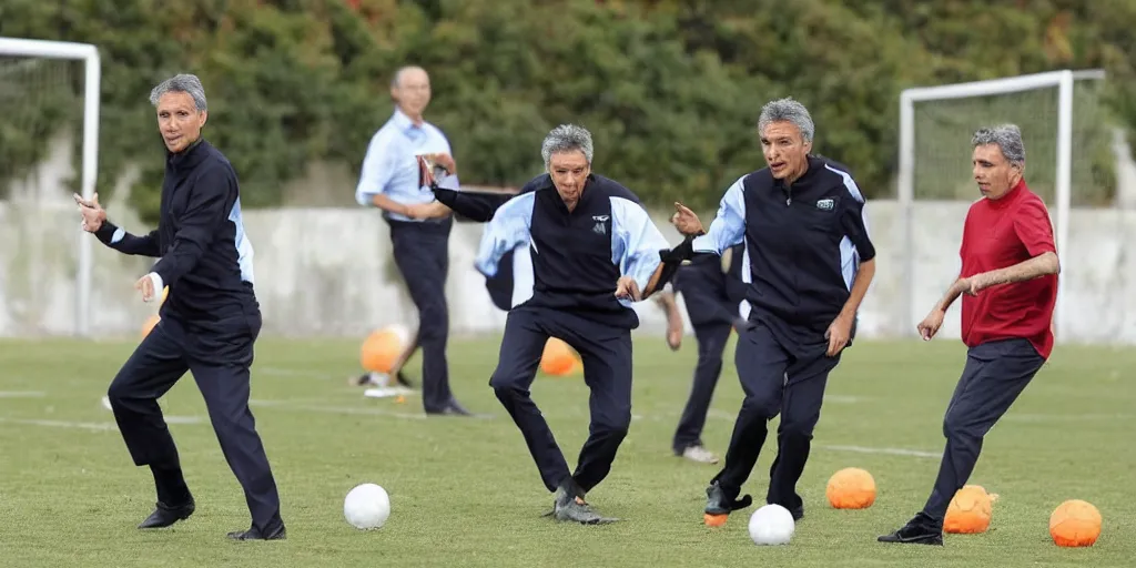 Prompt: Mauricio Macri playing football with judges