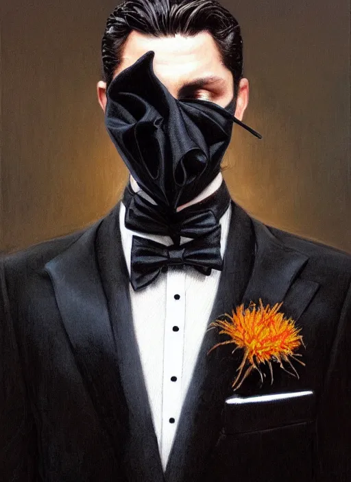 Prompt: an empty black tuxedo suit with a tie, a flowery bush growing out of the neck hole instead of a head, intricate, highly detailed, concept art, hyperrealistic, oil painting by greg staples, 8 k