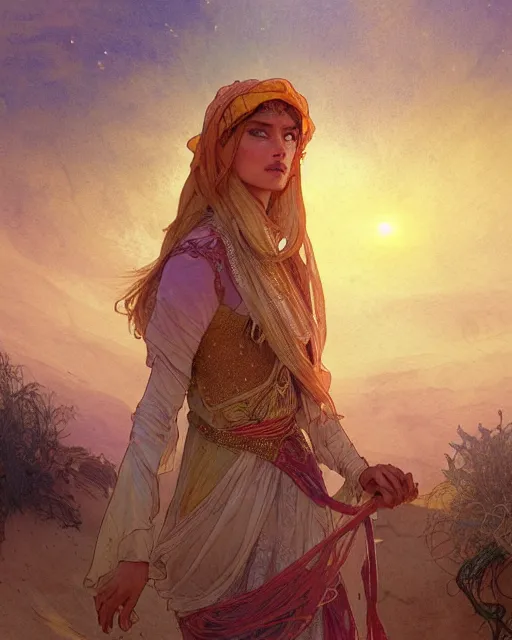 Prompt: bedouin in the desert, highly detailed, gold filigree, romantic storybook fantasy, soft cinematic lighting, award, disney concept art watercolor illustration by mandy jurgens and alphonse mucha and alena aenami, pastel color palette, featured on artstation