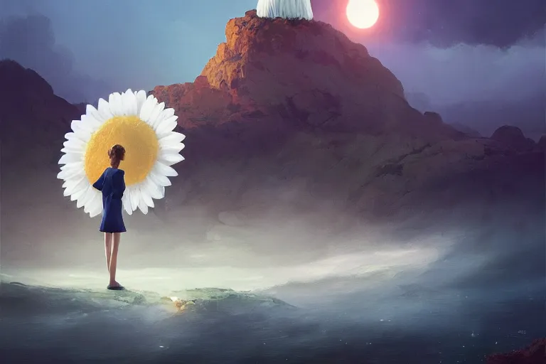 Image similar to giant white daisy flower blooming over face, girl standing on cliff, surreal photography, solar eclipse, stars, dramatic light, impressionist painting, clouds, digital painting, artstation, james gilleard, liam wong, jeremy mann, simon stalenhag