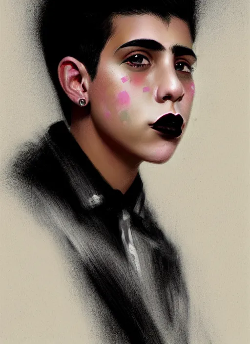 Image similar to portrait of a latino teen boy with a crooked nose and a confident expression, 1 9 6 0 s, black clothes, goth, punk, brightly coloured hair, funk, intricate, elegant, highly detailed, digital painting, artstation, concept art, smooth, sharp focus, illustration, art by wlop, mars ravelo and greg rutkowski