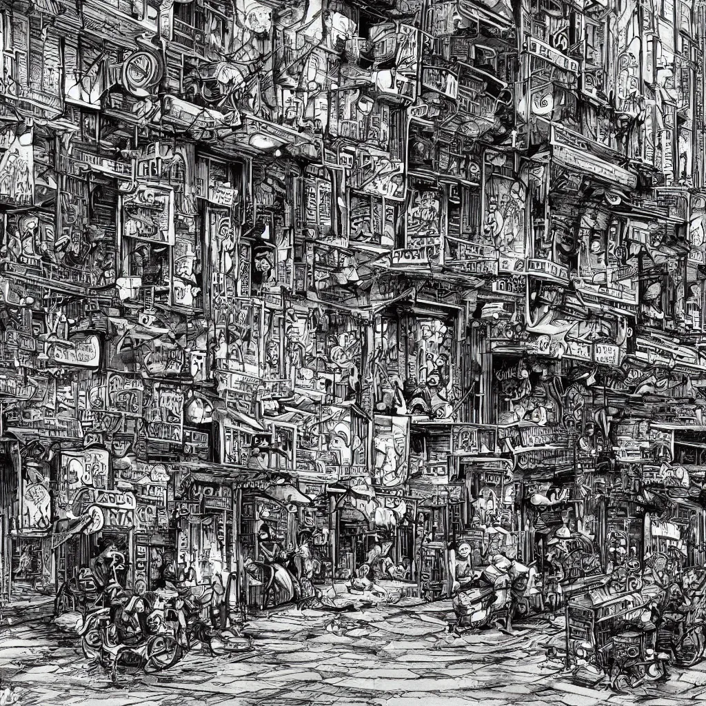 Prompt: A stunning extreme close-up illustration of a sparse city sidewalk with a bar on the corner, mechanical vehicle traffic, service robots, prostitutes and broken cyborgs on the sidewalk, dark night atmosphere, in the art style of Jack Kirby, highly detailed, 8k, sparse dark ghetto atmosphere of street crime, perfect digital art, dark futurism, highly hyperdetailed and microdetailed, perfect buildings and infrastructure, futuristic, cybernetic, blue and violet color scheme with sparse background lights, sci-fi, Marvel Comics 1972, New Gods, dim lights, sharp focus, high technical detail