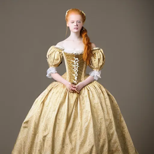 Prompt: of very long. ginger hair put down teenagers girl wearing a court rococo baroque marie antoinette ball dresses 1 8 th century renaissance historical period dress gown for women