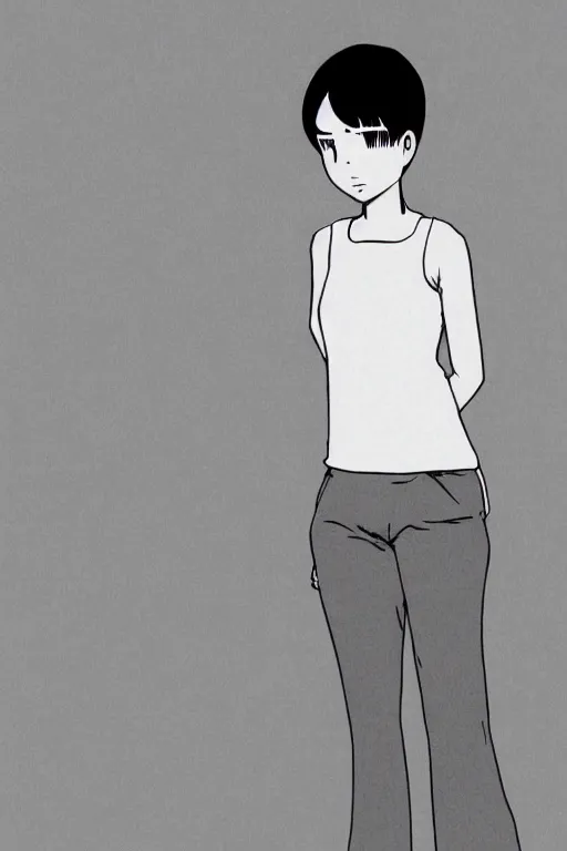 Image similar to portrait of a girl in long pants and a top, hands in pockets, eyes closed, bob haircut, digital art, black and white, lineart by junji ito and kaoru mori