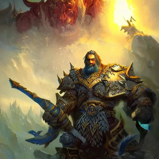 Image similar to the hero mountain king from the game warcraft 3, oil painting, by greg rutkowski