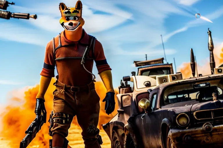 Image similar to nick wilde, heavily armed and armored facing down armageddon in a dark and gritty reboot from the makers of mad max : fury road