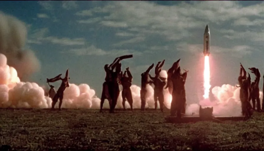 Image similar to big budget movie scene of a satanic cult doing a ritual near a nuclear missile that's about to launch.