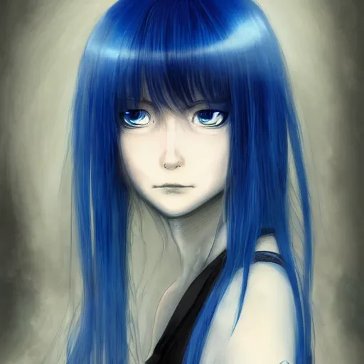 Image similar to portrait of rimuru tempest, sky blue straight hair, long bangs, with amber eyes, wearing a black jacket, high collar, ultra detailed, brush strokes, skin texture, digital painting, cinematic, wlop artstation, closeup, pixiv, eerie, scary, intimidating glare, evil, junji ito, yoshitaka amano