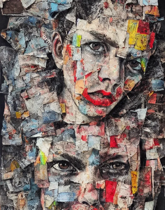 Prompt: double coloured boy in law detailed analogue mixed media collage with canvas texture in style of contemporary art, punk art, hyperrealistic beautiful face, photorealistic, expressionism, masterpiece, perfect composition, spectacular quality torn paper, intricate oil details