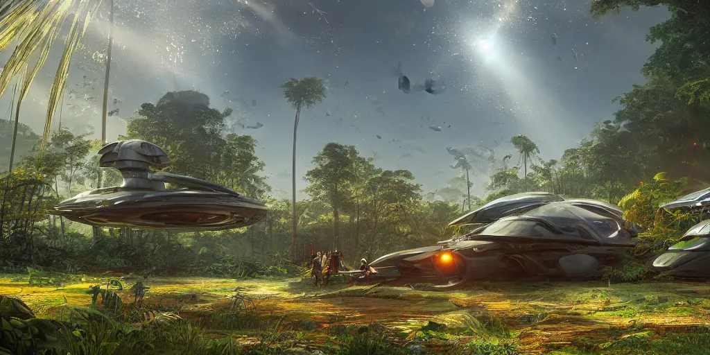 Image similar to a futuristic rusty old spaceship, on a landing pad, surrounded by a lush jungle, in the foreground two explorers are having a conversation, golden hour, sun beams, volumetric light, hyperdetailed, artstation, cgsociety, 8k