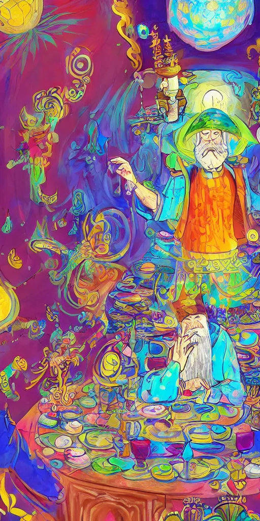 Image similar to a mystical man with a goblet on the table, wizard hat, psychedelic, Korean animation