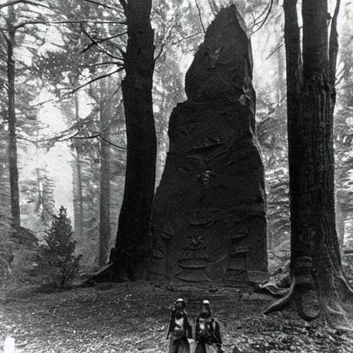 Image similar to old photograph of aliens surrounding a giant alien monolith in a haunted forest, epic composition