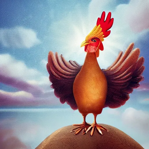 Image similar to humanoid chicken with a headache, on a flight over the sea, realistic scene, very detailed