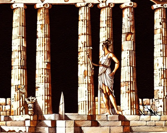 Prompt: Athena in the Athena Temple in Greece, highly detailed, intricate architecture, sharp focus, travel art by Artgerm and Greg Rutkowski and WLOP