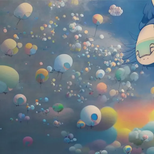 Image similar to a man walking on clouds above kyoto by takashi murakami, beeple and james jean, aya takano color style, 4 k, super detailed