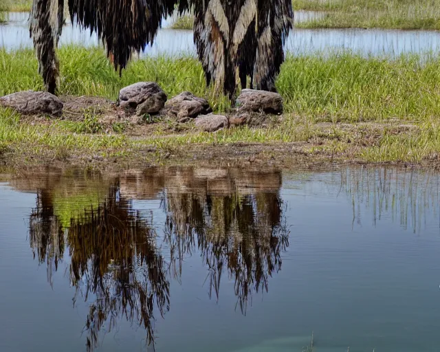 Image similar to wise zulu elder has a sharp line of teeth. my teeth are sharp. there is a lake in the foreground with water reflections.