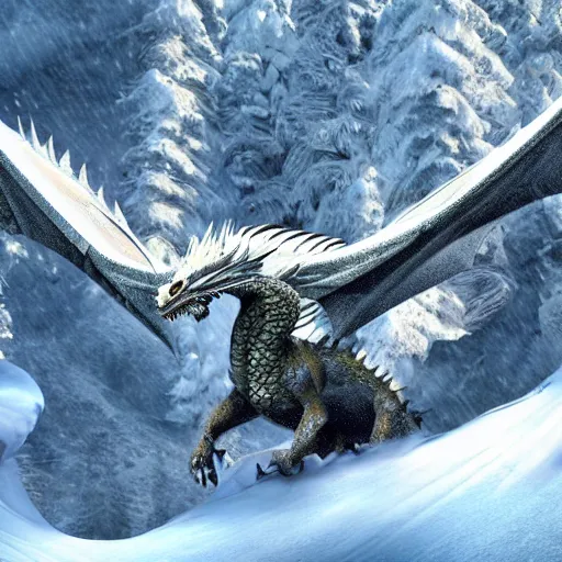 Prompt: High quality, beautiful and majestic western dragon in the mountains surrounded by snow and trees with wings spread out to the side while roaring, ultra high quality, 3d rendering, award-winning