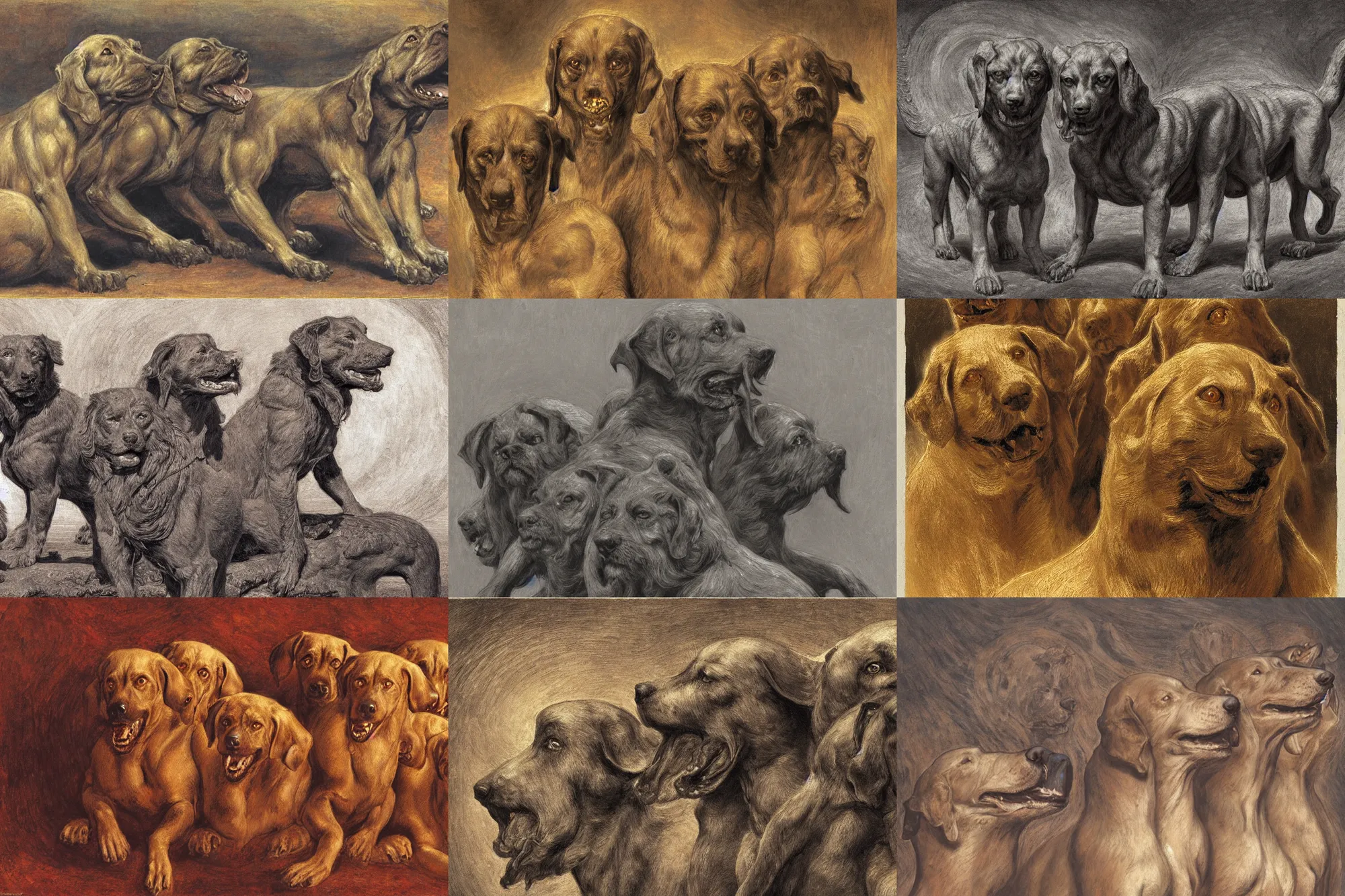 Prompt: cerberus hyperdetailed matte art of a three headed dog cerberus by william blake, ilya repin, alex horley, johfra bosschart, craig mullins, three head one body, details