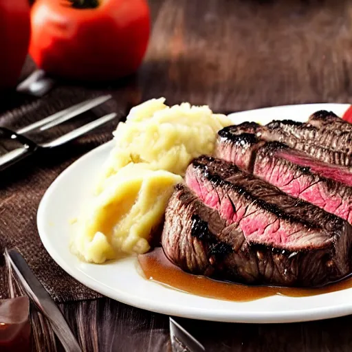 Image similar to a delicious steak, with a side of mashed potatoes, cookbook photo, good composition