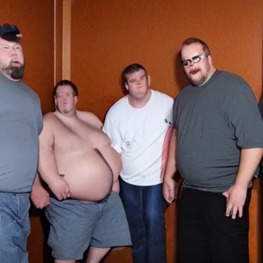 Image similar to five obese minnesotan men fighting to get into a small bathroom stall