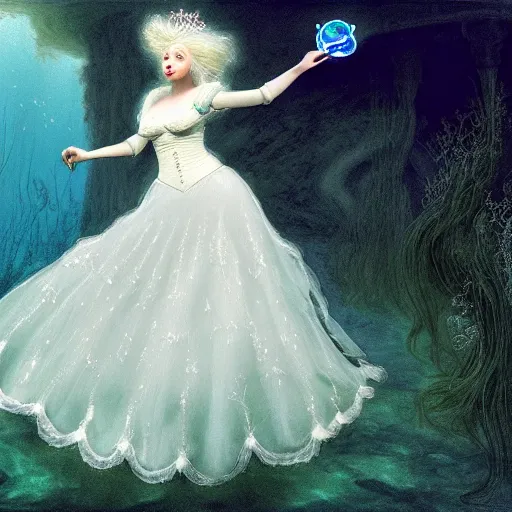 Image similar to A white haired, (((happy))) elf princess, dressed in a frilly ((lace)), wedding dress, is ((holding a key)). Everything is underwater! and floating. Greenish blue tones, theatrical, (((underwater lights))), high contrasts, fantasy water color, inspired by John Everett Millais's Ophelia