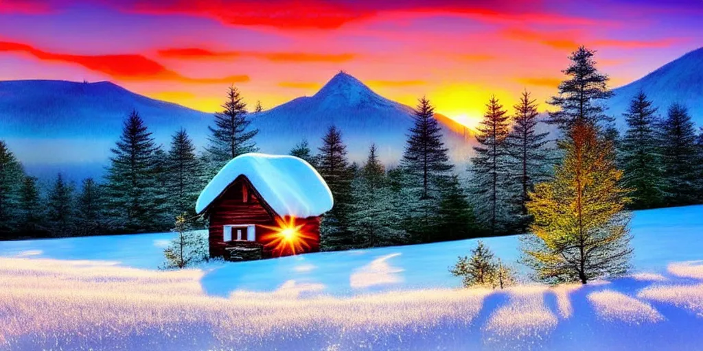 Prompt: a beautiful fantasy landscape, snowy mountain in background, little cottage, small pond, some trees in the corner, sunrise.