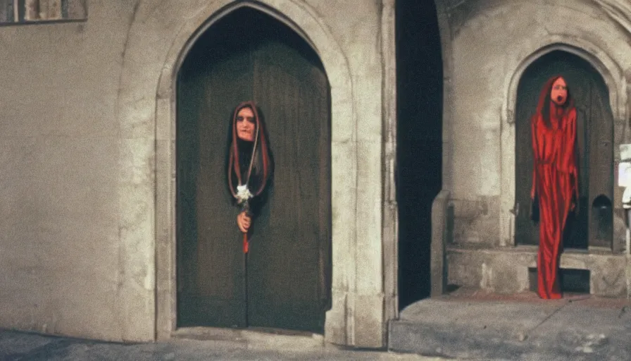 Image similar to 7 0 s film still from a horror movie about a beautiful woman standing at the entrance of a church, kodachrome, cinecolor, cinestill, film grain, film texture, retro, cinematic, high resolution, photorealism,