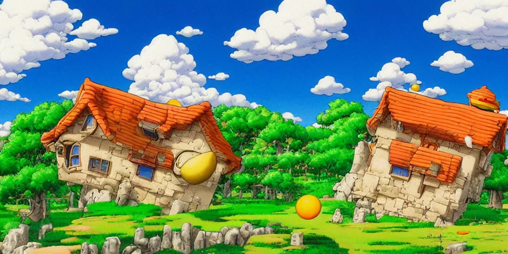 Prompt: Painting kame house cloud background art, official, detailed, dragonball, award winning artwork, Akira Toriyama