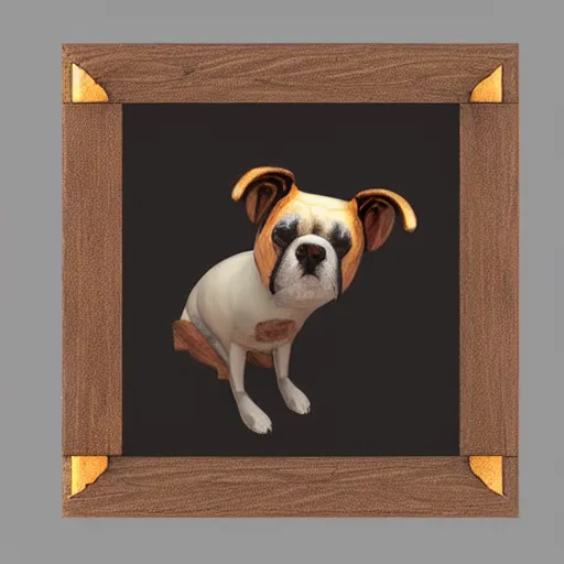 Image similar to painted wooden frame, elegant, 1 9 2 0 s, for a square picture of a happy dog 3 d render