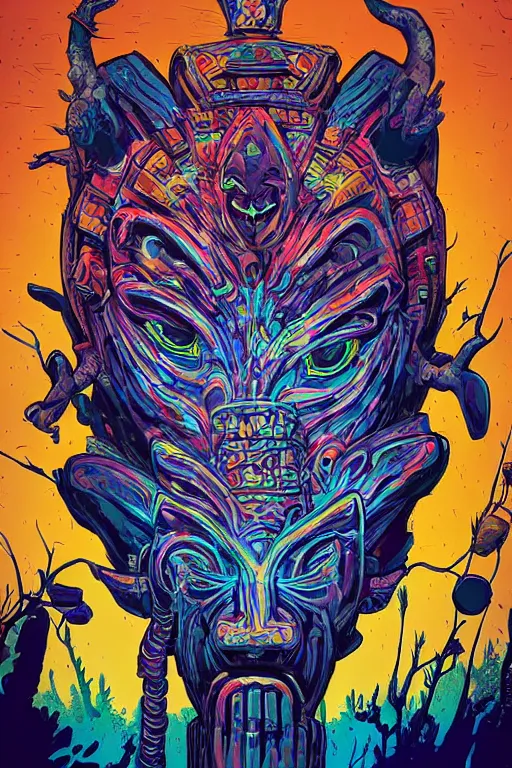 Image similar to totem animal tribal chaman vodoo mask feather gemstone plant wood rock video game illustration vivid color borderlands by josan gonzales and dan mumford radiating a glowing aura