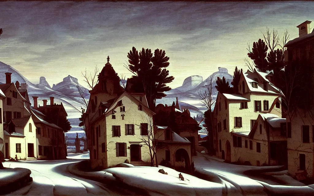 Prompt: in the style of gerald brom, caravaggio, asher brown durand, beautiful small town, houses and buildings, 1 8 0 0 s, cobblestone roads, mid day, winter, mountains in the distance