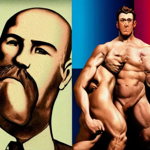 Image similar to lgbt art, tom of finland style, lenin, in billy herrington body, art in 4 k, high quality