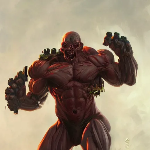 Image similar to doom, muscular male undead cyborg, muscle, fungus, painted by stanley lau, painted by greg rutkowski, painted by stanley, artgerm, masterpiece, digital art, trending on arts