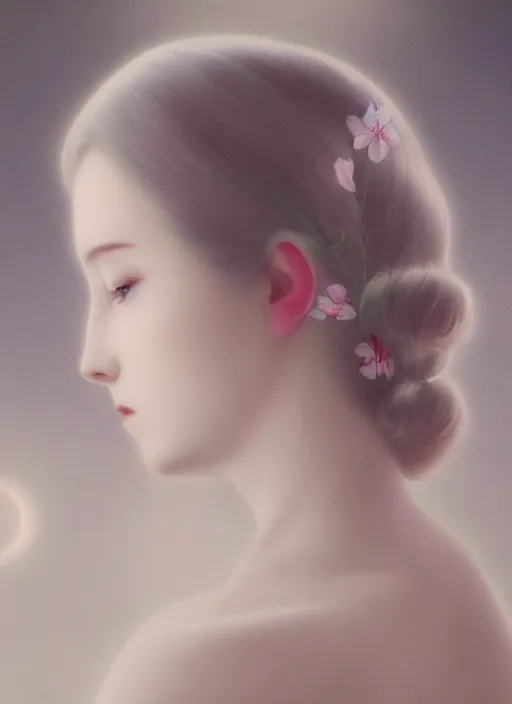 Image similar to beatifull pale wan woman, feminine goddes, side view, lit only by the moonlight, silver hair!!, style of fernand khnopff and lucien levy - dhurmer, 4 k resolution, aesthetic!,