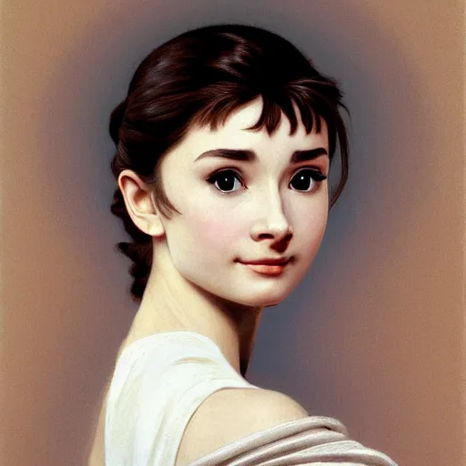 Prompt: A masterpiece head and shoulders portrait of Audrey Hepburn by William Adolphe Bouguereau and Makoto Shinkai