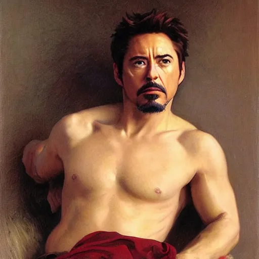 Prompt: Bouguereau painting .close up of attractive robert downey tony stark.wearing iron man armor